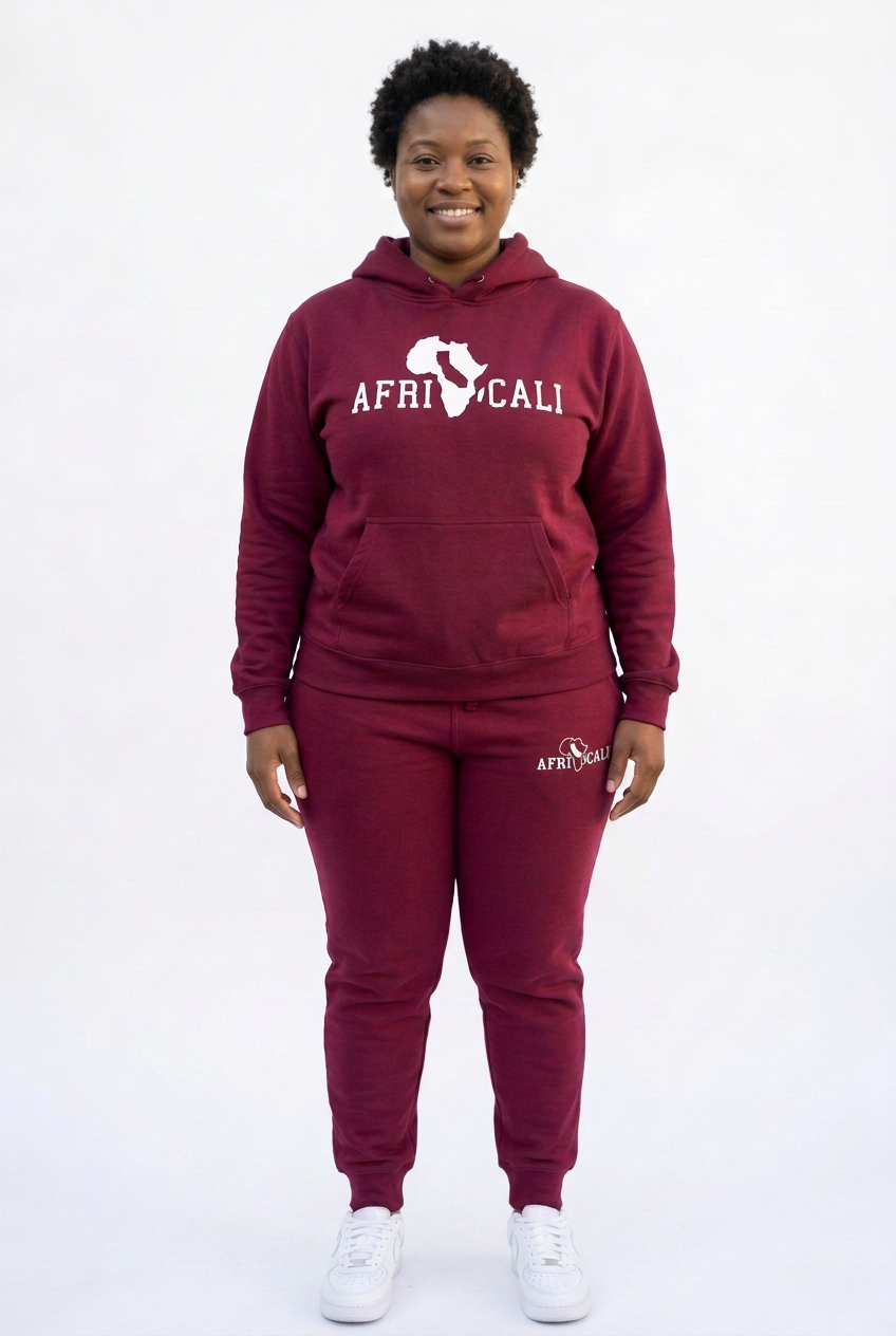 New Black female model in burgundy Unity sweatsuit
