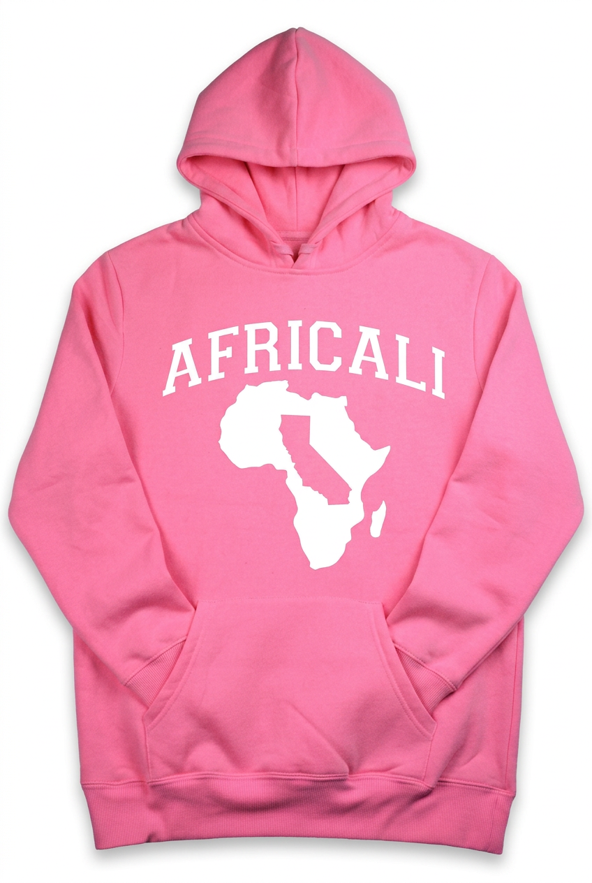Pink Africali Peace hoodie, sleeves tucked into kangaroo pocket