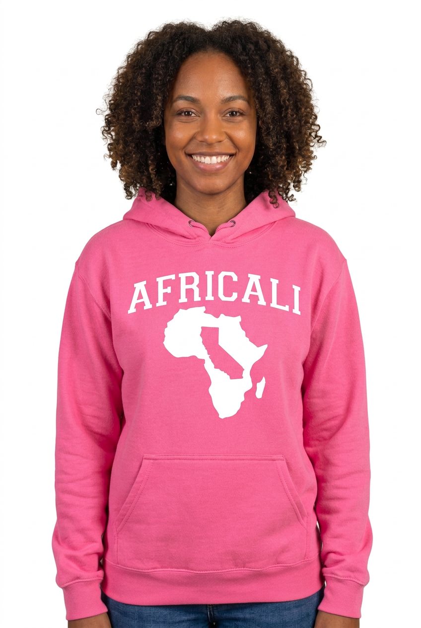 Recreated African American female portrait wearing the original pink Africali Peace hoodie on white background