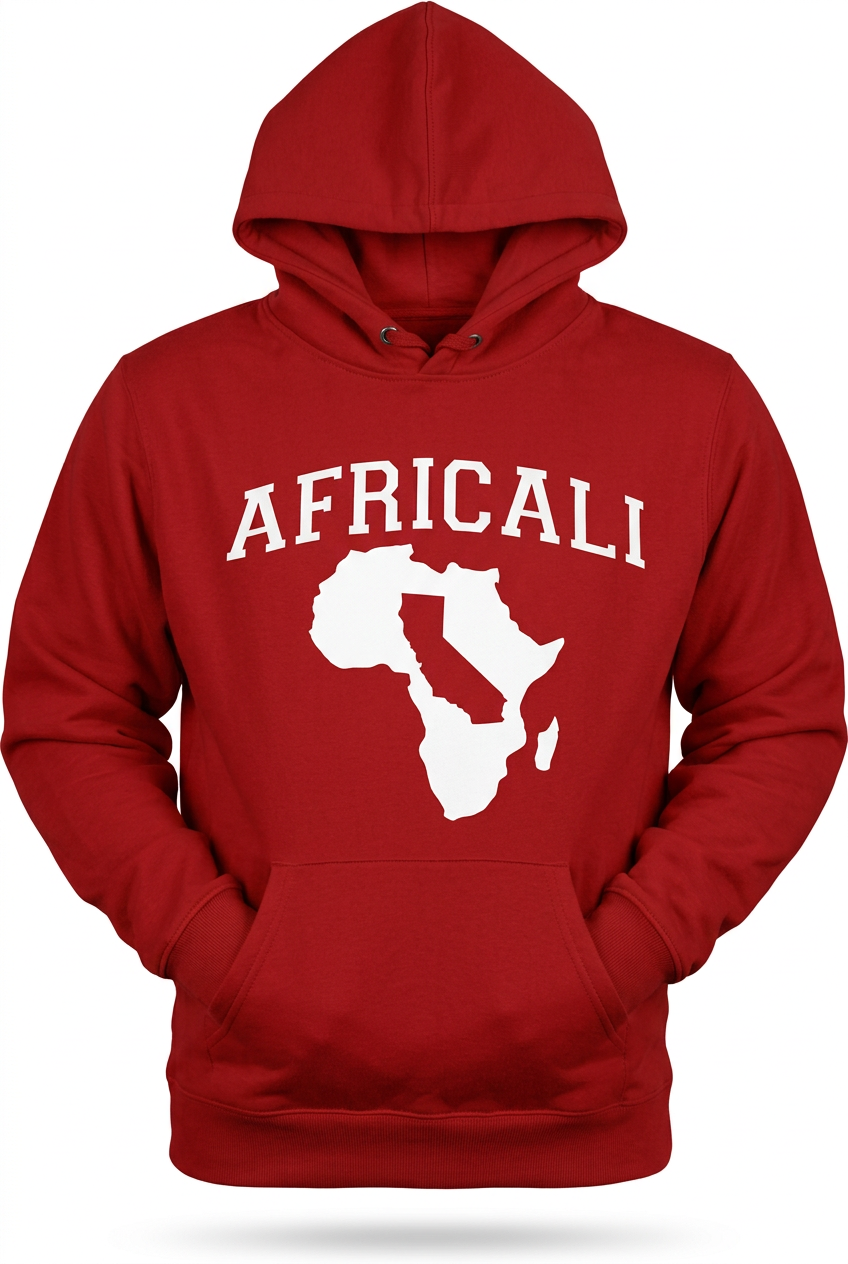 Red Africali Peace hoodie, sleeves tucked into kangaroo pocket