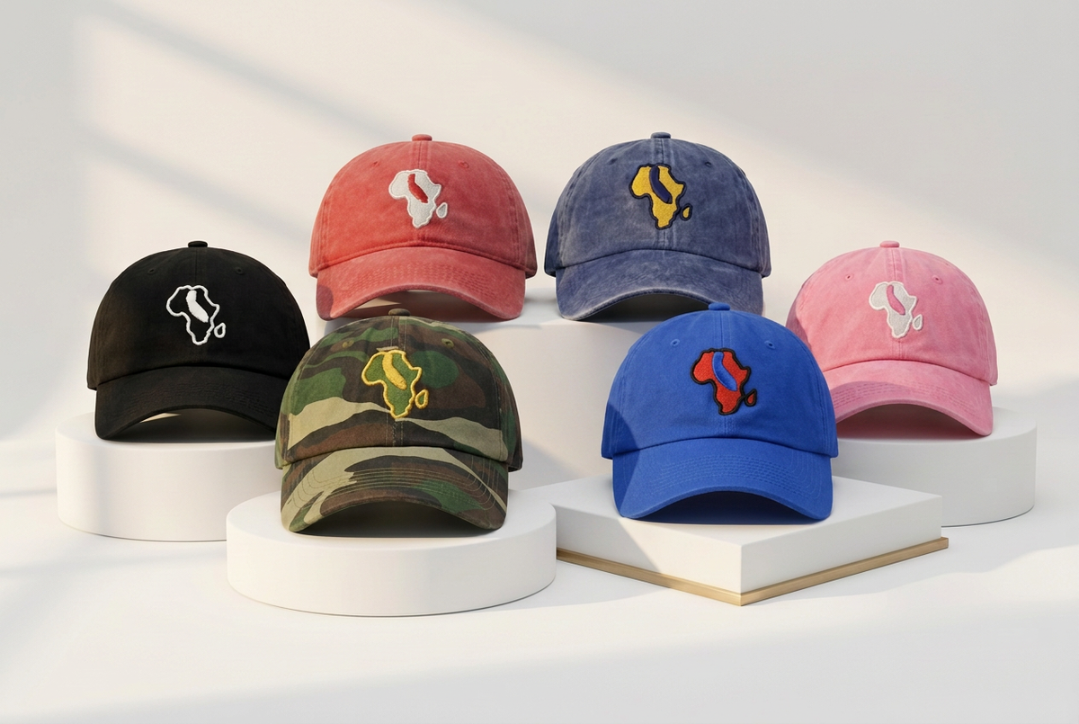 Revised Africali hat display with royal blue dad hat and one camouflage hat