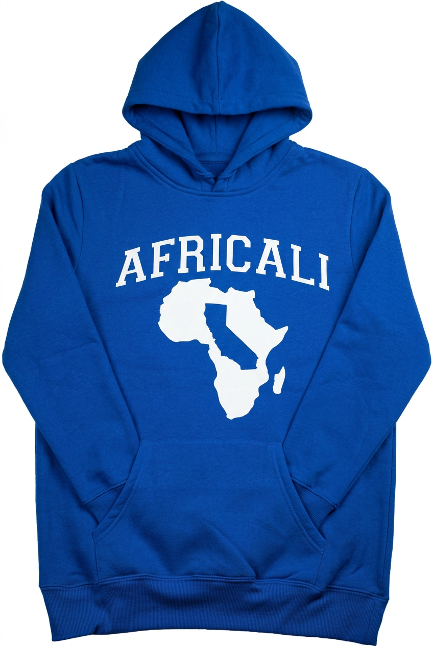 Royal blue Africali Peace hoodie, sleeves tucked into kangaroo pocket