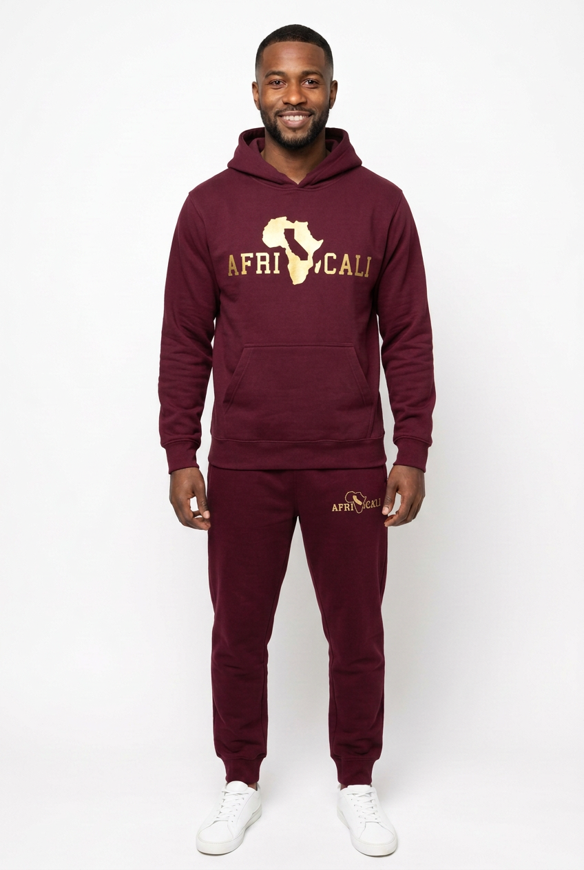 Same male model wearing burgundy-and-gold Unity sweatsuit