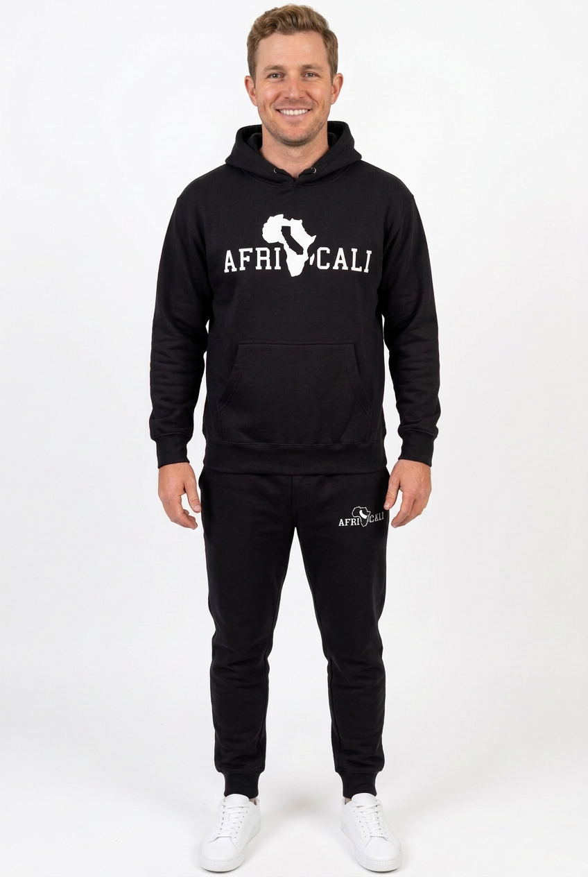 White American male model in black sweatsuit