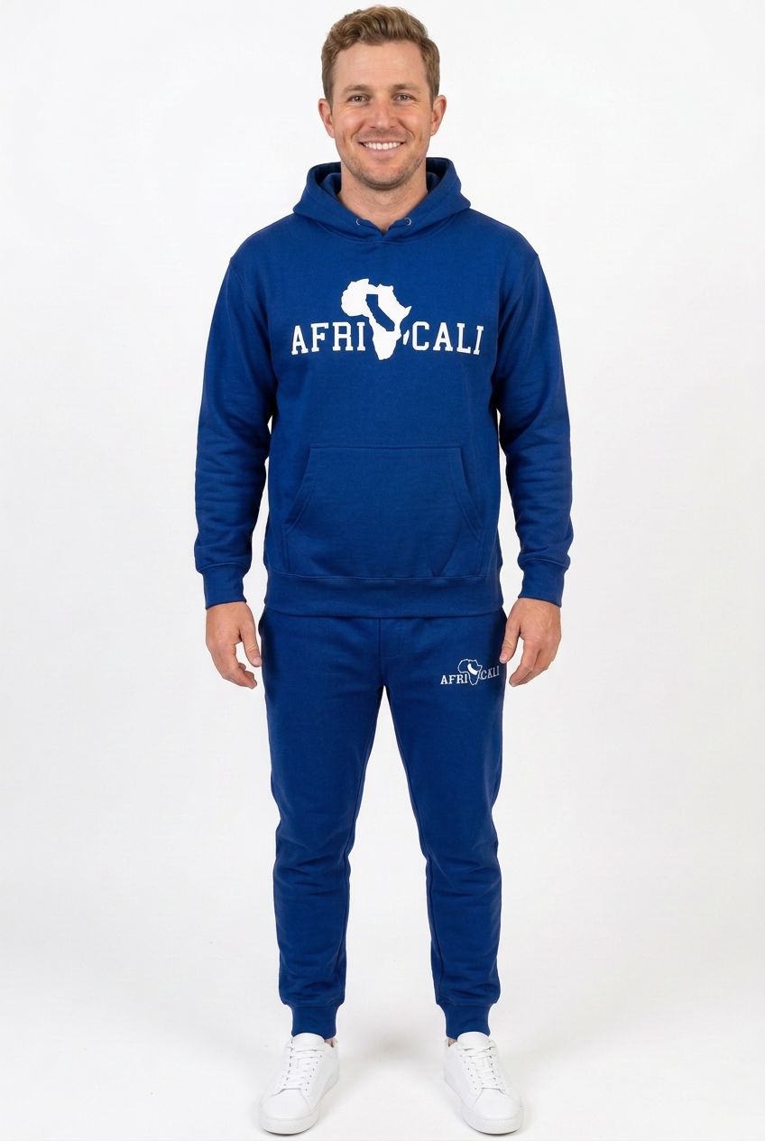 White American male model in blue sweatsuit