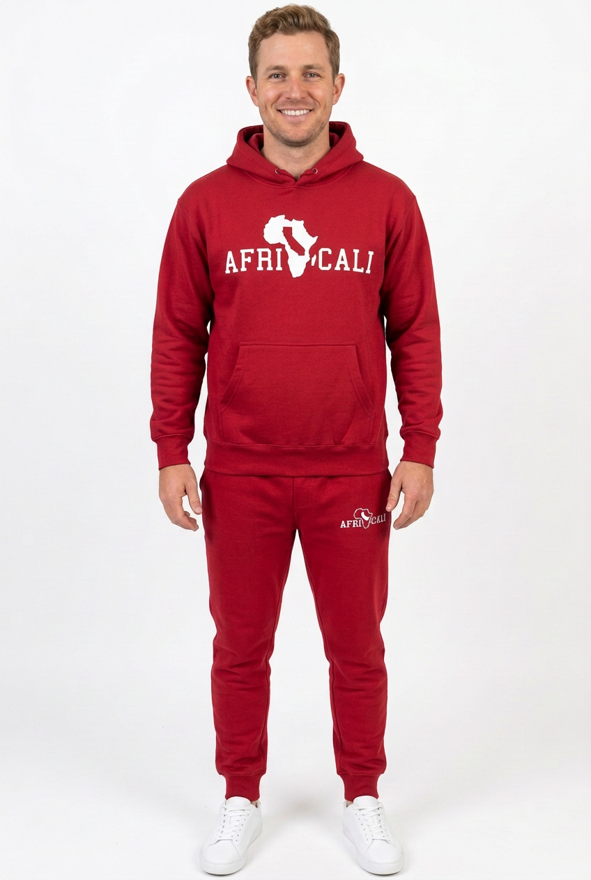 White American male model in red sweatsuit
