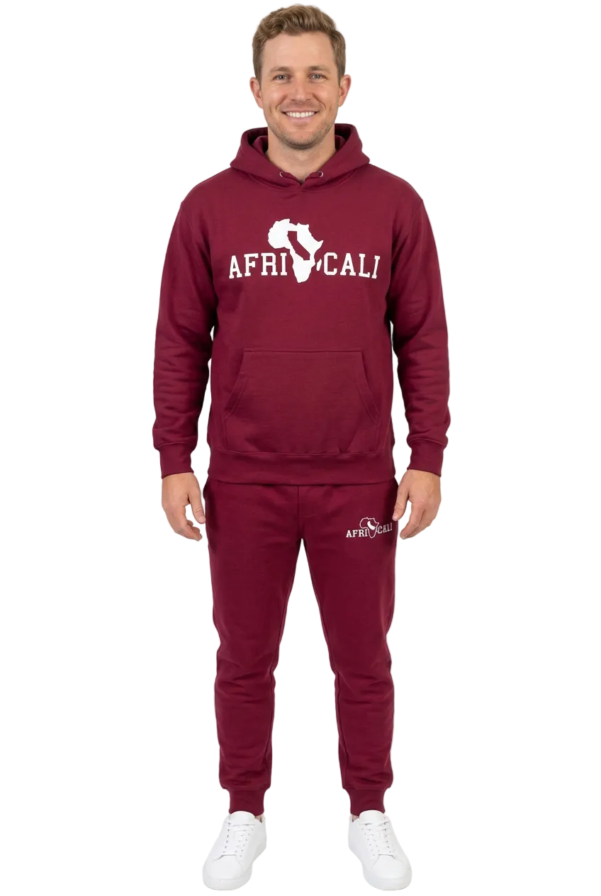 White American male model wearing burgundy-and-white Unity sweatsuit