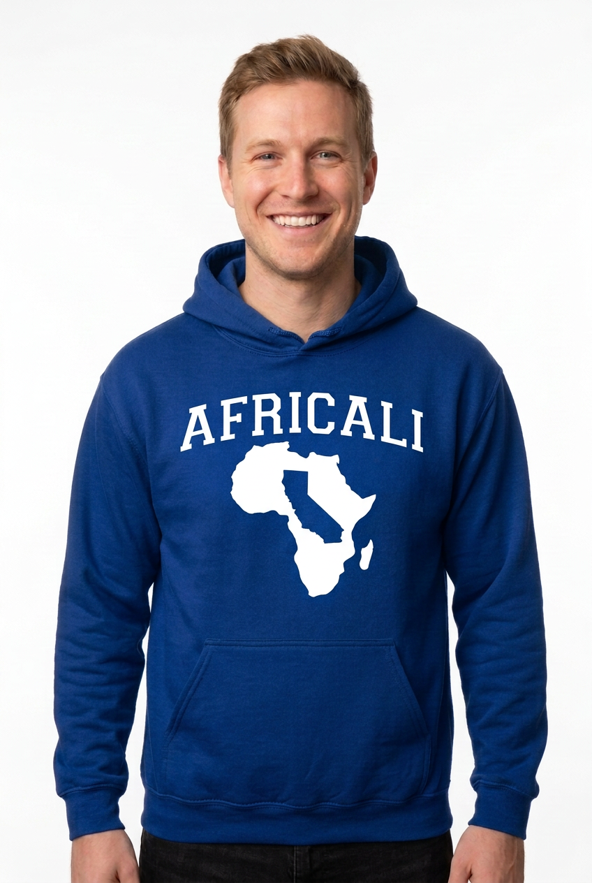 White Caucasian man, blue Peace hoodie