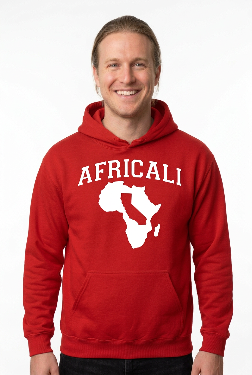 White Caucasian man, red Peace hoodie