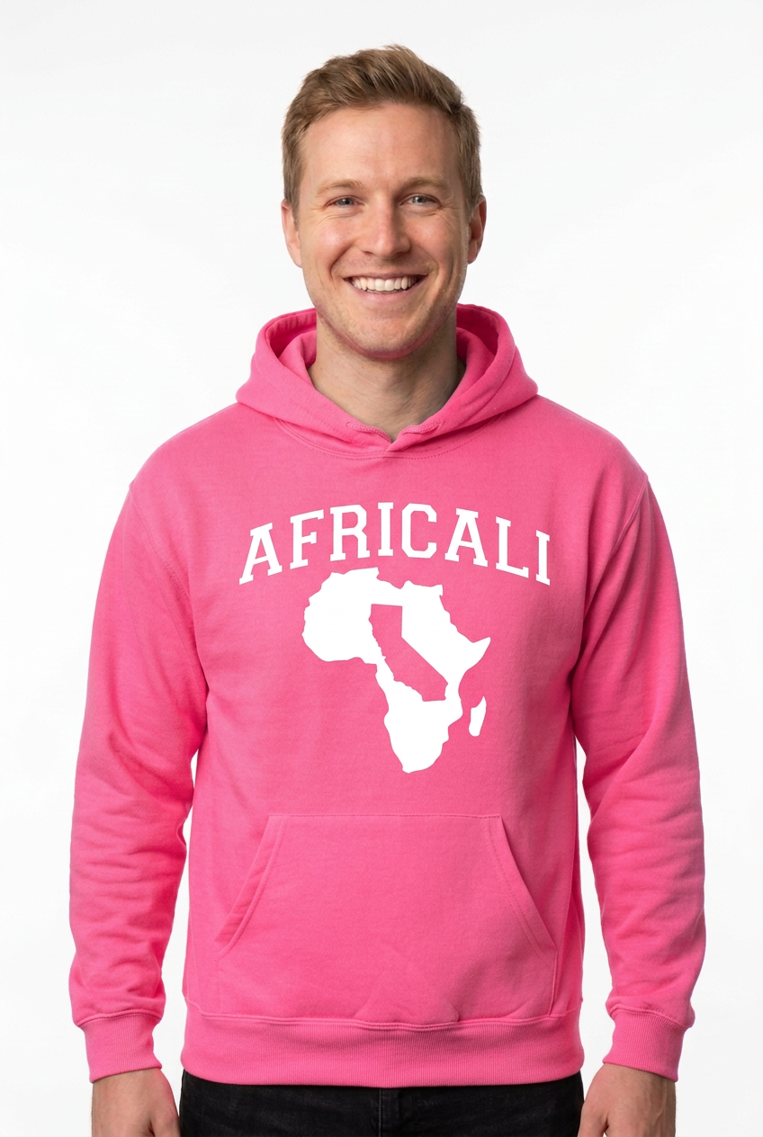 White Caucasian man wearing original pink Africali Peace hoodie on white background