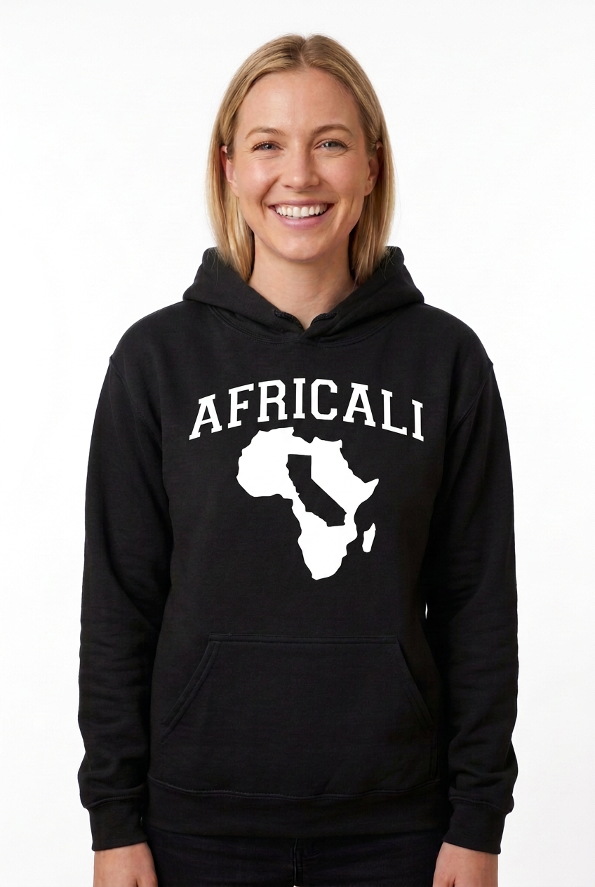 White Caucasian woman, black Peace hoodie