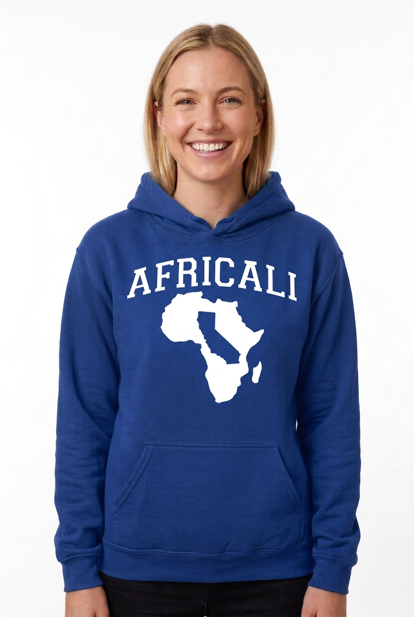 White Caucasian woman, blue Peace hoodie