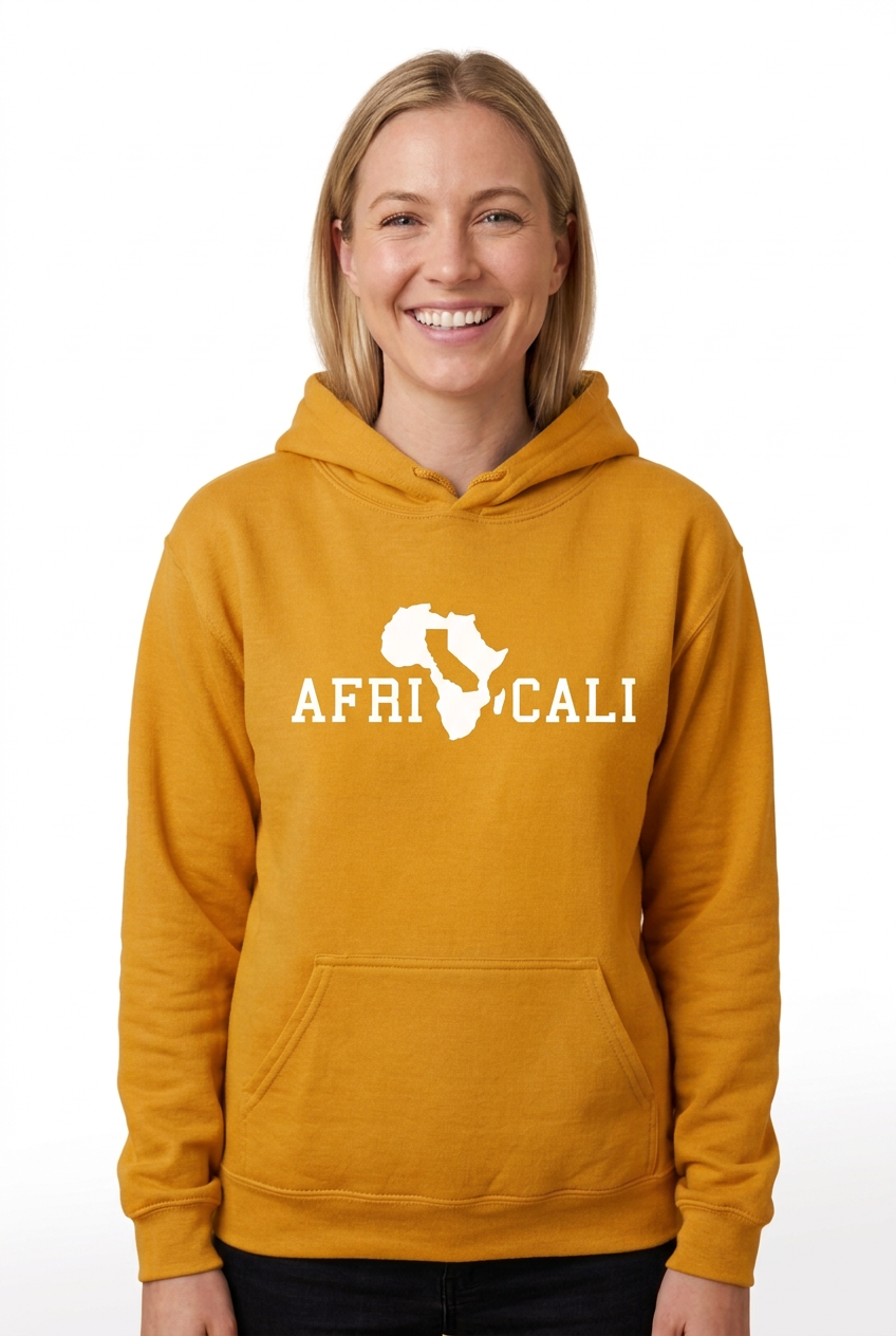 White Caucasian woman, gold Unity hoodie