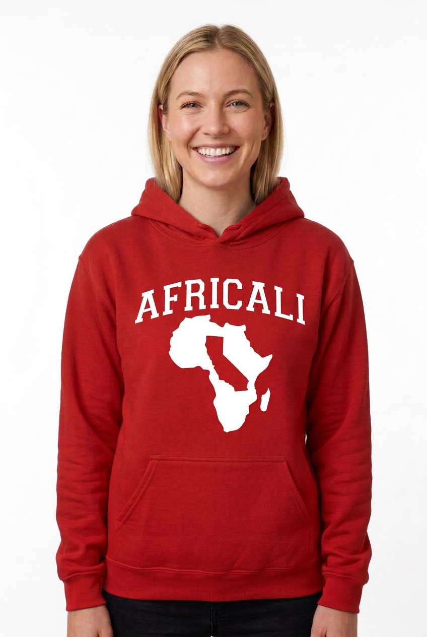White Caucasian woman, red Peace hoodie