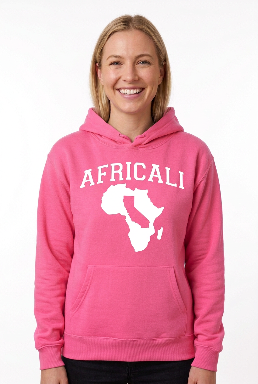 White Caucasian woman wearing original pink Africali Peace hoodie on white background