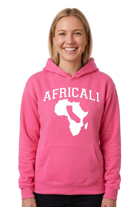 White Caucasian woman wearing original pink Africali Peace hoodie on white background