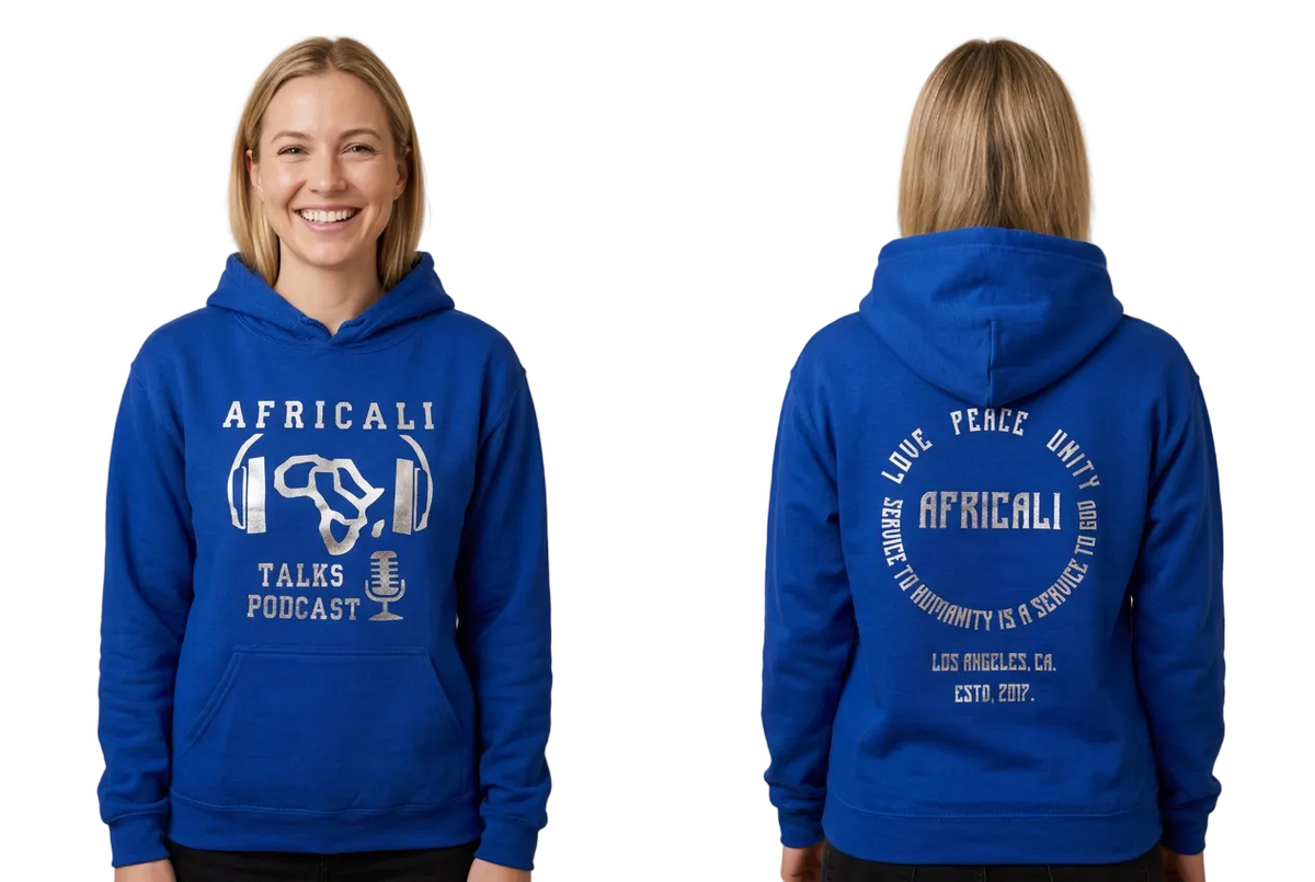 White female model in blue Africali Talks Podcast hoodie, front and back