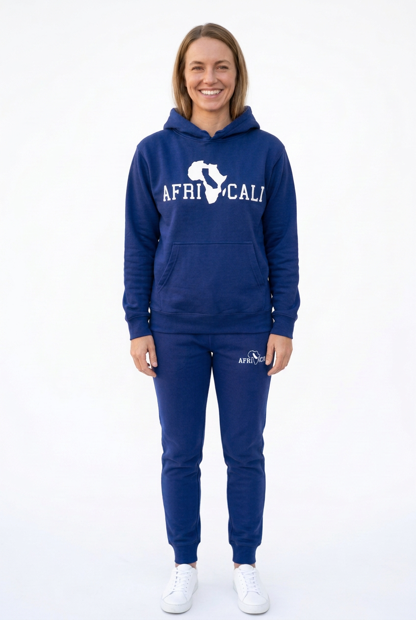 White female model in blue sweatsuit