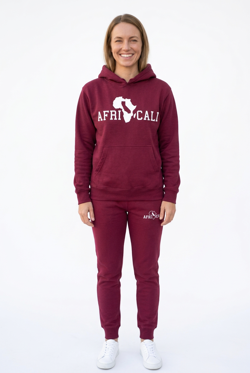 White female model wearing burgundy-and-white Unity sweatsuit