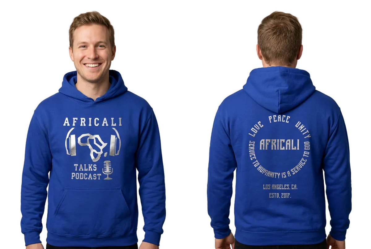 White male model in blue Africali Talks Podcast hoodie, front and back