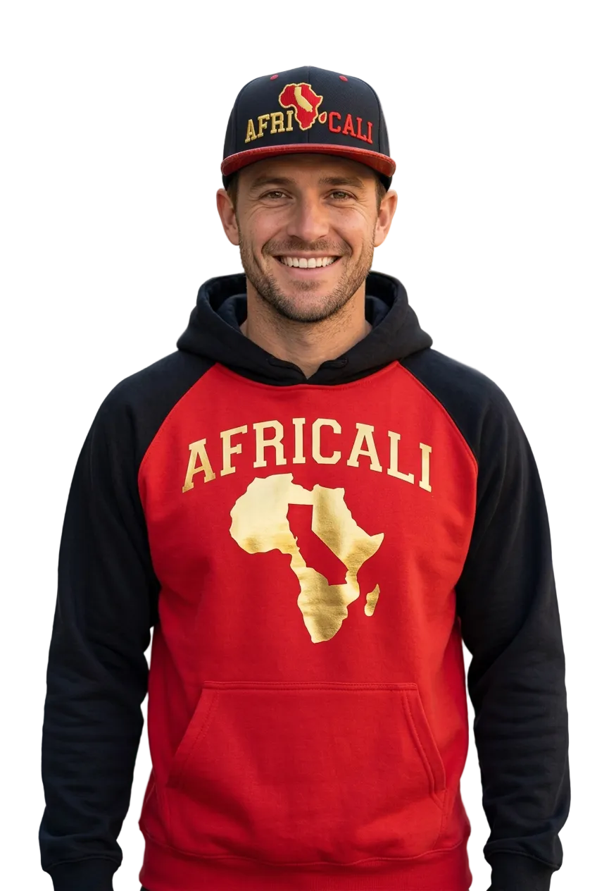 White male model wearing the Africali Peace black-and-red hoodie and matching snapback